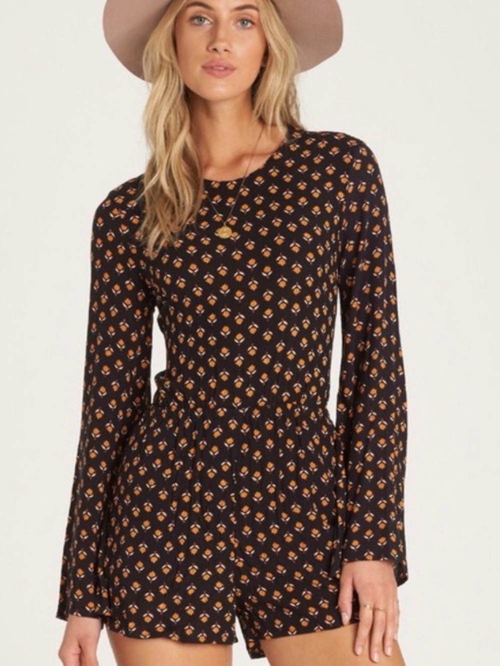 Billabong Black Floral Long Sleeve Tie Back Romper Small Boho